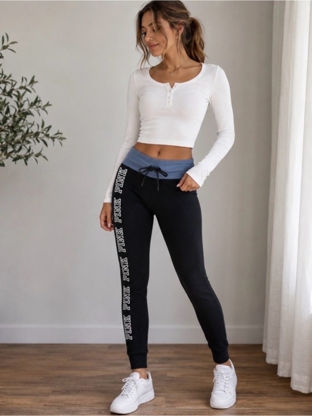 PINK Victoriaβs Secret Yoga Foldover Waist Leggings Black Logo Lounge Pants